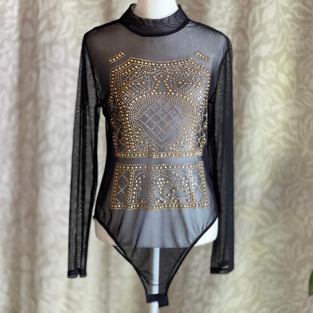 NWT Haute Project Black Mesh Gold Studded Sheer Bodysuit Festival‎ Y2K Glam Sz L